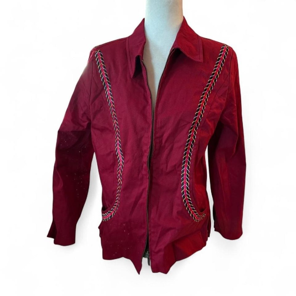 Bob Mackie Jacket Womens‎ Size M Red New Embroidered Zip Front Wearable Art